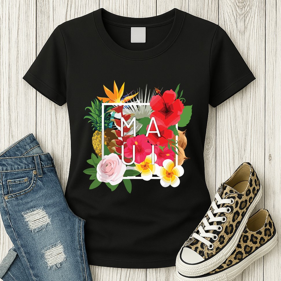 Flowers Of Maui Word Art Hawaiian Island Souvenir Womens T-Shirt