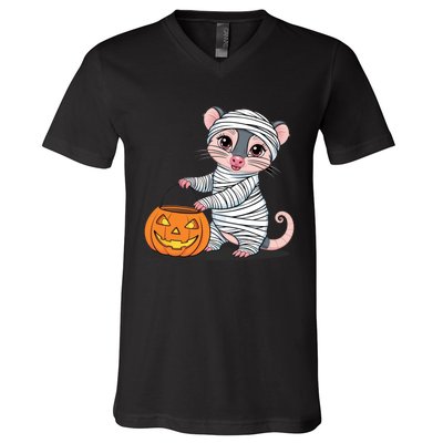 Funny Opossum Mummy Pumpkin Trick Or Treat Halloween Design V-Neck T-Shirt