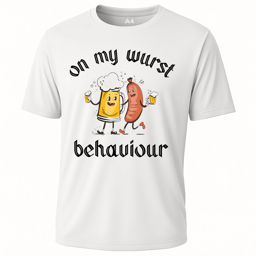 Funny Oktoberfest On My Wurst Behaviour Beer Hot Dog Drinking Team Cooling Performance Crew T-Shirt