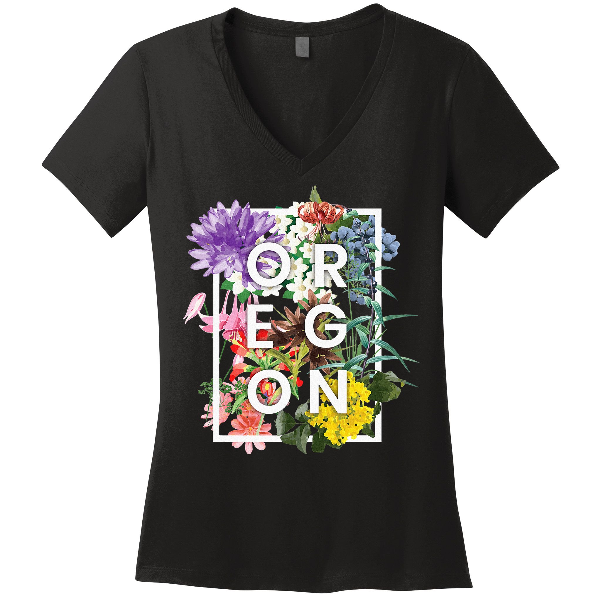 Flowers Of Oregon Word Art Oregonian Pride Women's V-Neck T-Shirt