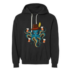 Funny Oktoberfest Octopus With Beer German Hat Oktoberfest Garment-Dyed Fleece Hoodie