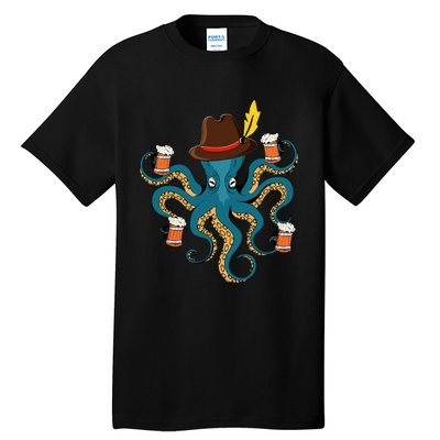 Funny Oktoberfest Octopus With Beer German Hat Oktoberfest Tall T-Shirt