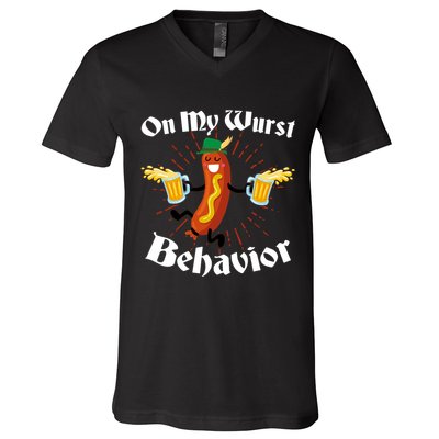Funny Oktoberfest On My Wurst Behavior V-Neck T-Shirt