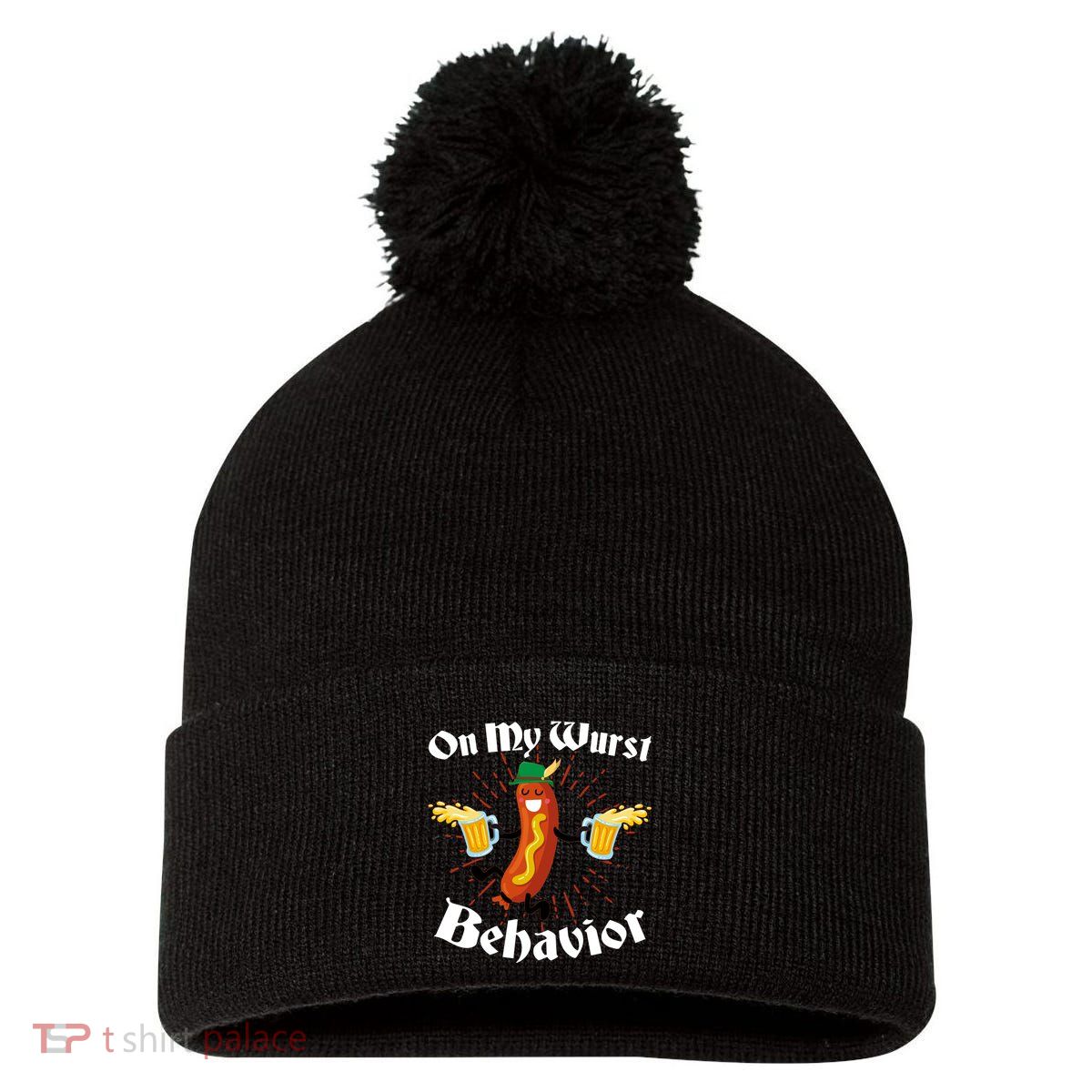 Funny Oktoberfest On My Wurst Behavior Pom Pom 12in Knit Beanie