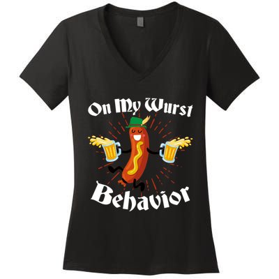 Funny Oktoberfest On My Wurst Behavior Women's V-Neck T-Shirt