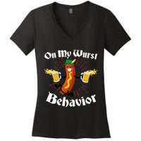 Funny Oktoberfest On My Wurst Behavior Women's V-Neck T-Shirt