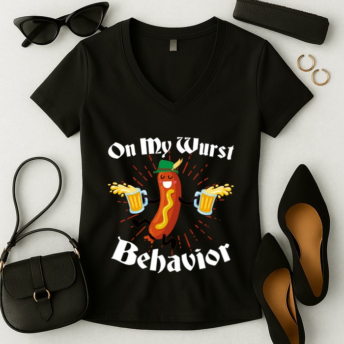 Funny Oktoberfest On My Wurst Behavior Women's V-Neck T-Shirt