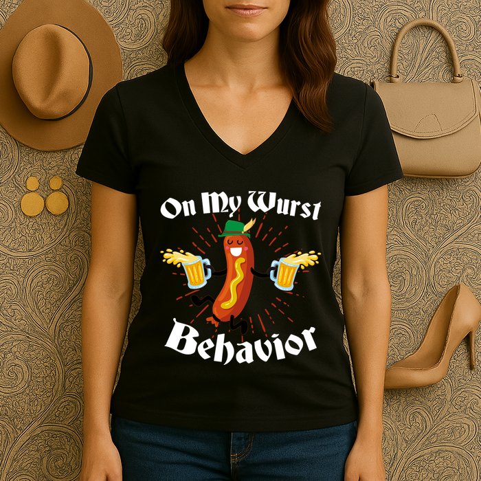 Funny Oktoberfest On My Wurst Behavior Women's V-Neck T-Shirt