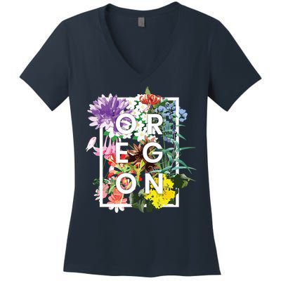 Flowers Of Oregon Word Art Oregonian Pride Women's V-Neck T-Shirt
