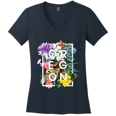 Flowers Of Oregon Word Art Oregonian Pride Women's V-Neck T-Shirt