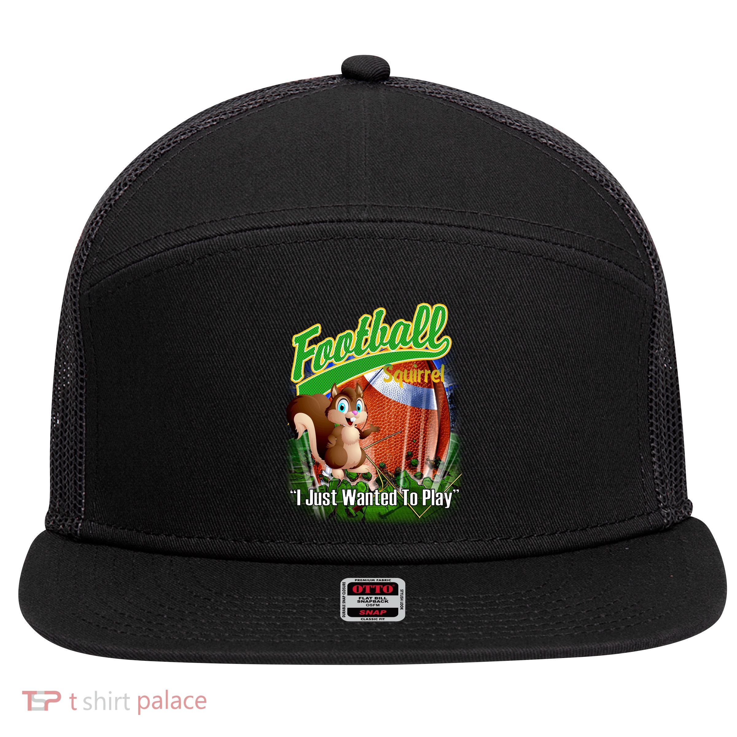 Football Squirrel Runs On The Field Funny 7 Panel Mesh Trucker Snapback Hat