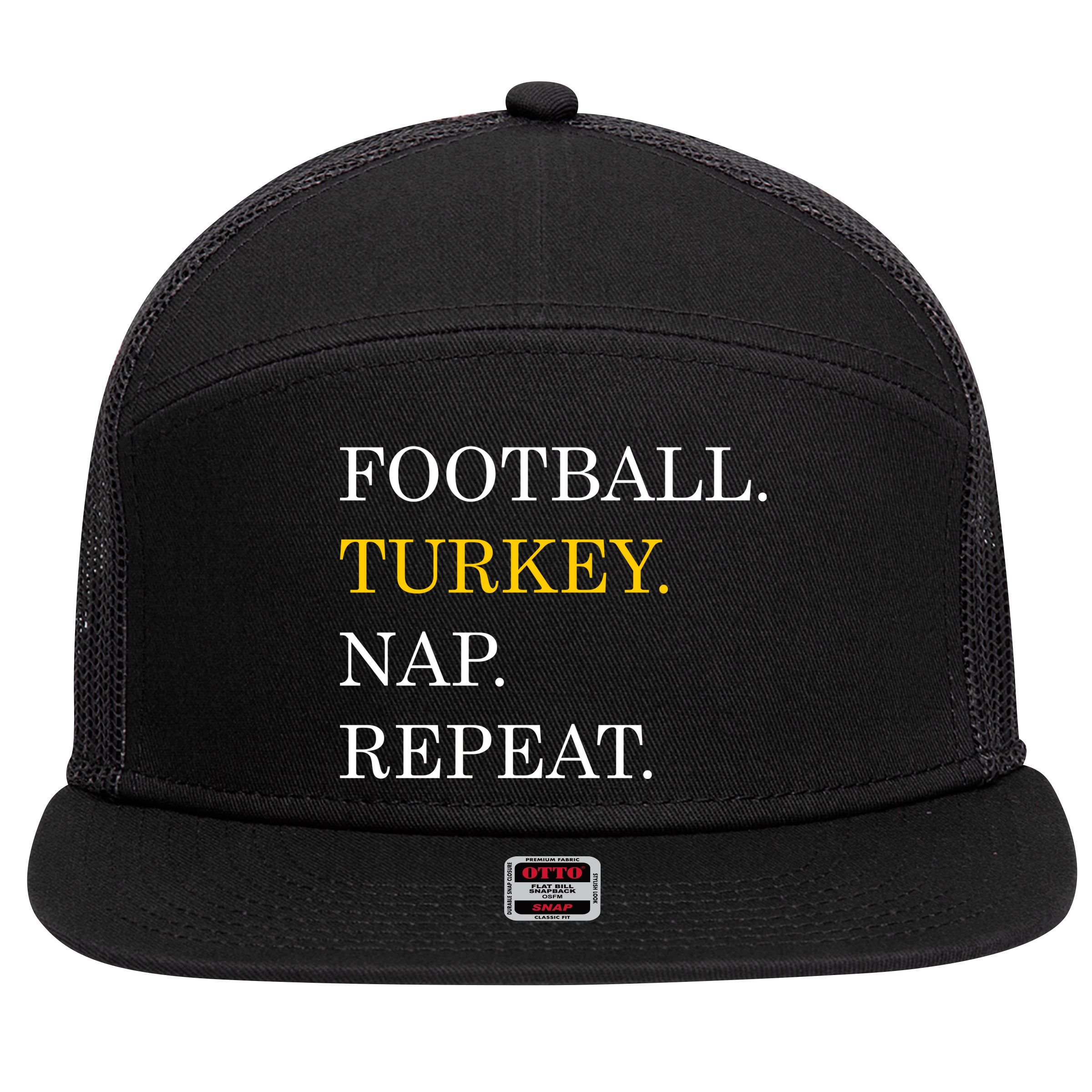 Football Turkey Nap Repeat Thanksgiving 7 Panel Mesh Trucker Snapback Hat