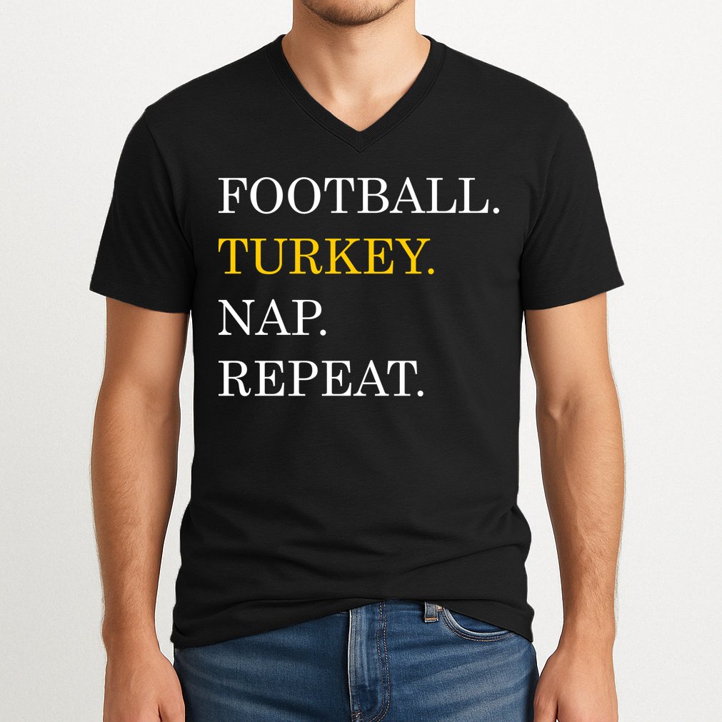 Football Turkey Nap Repeat Thanksgiving V-Neck T-Shirt