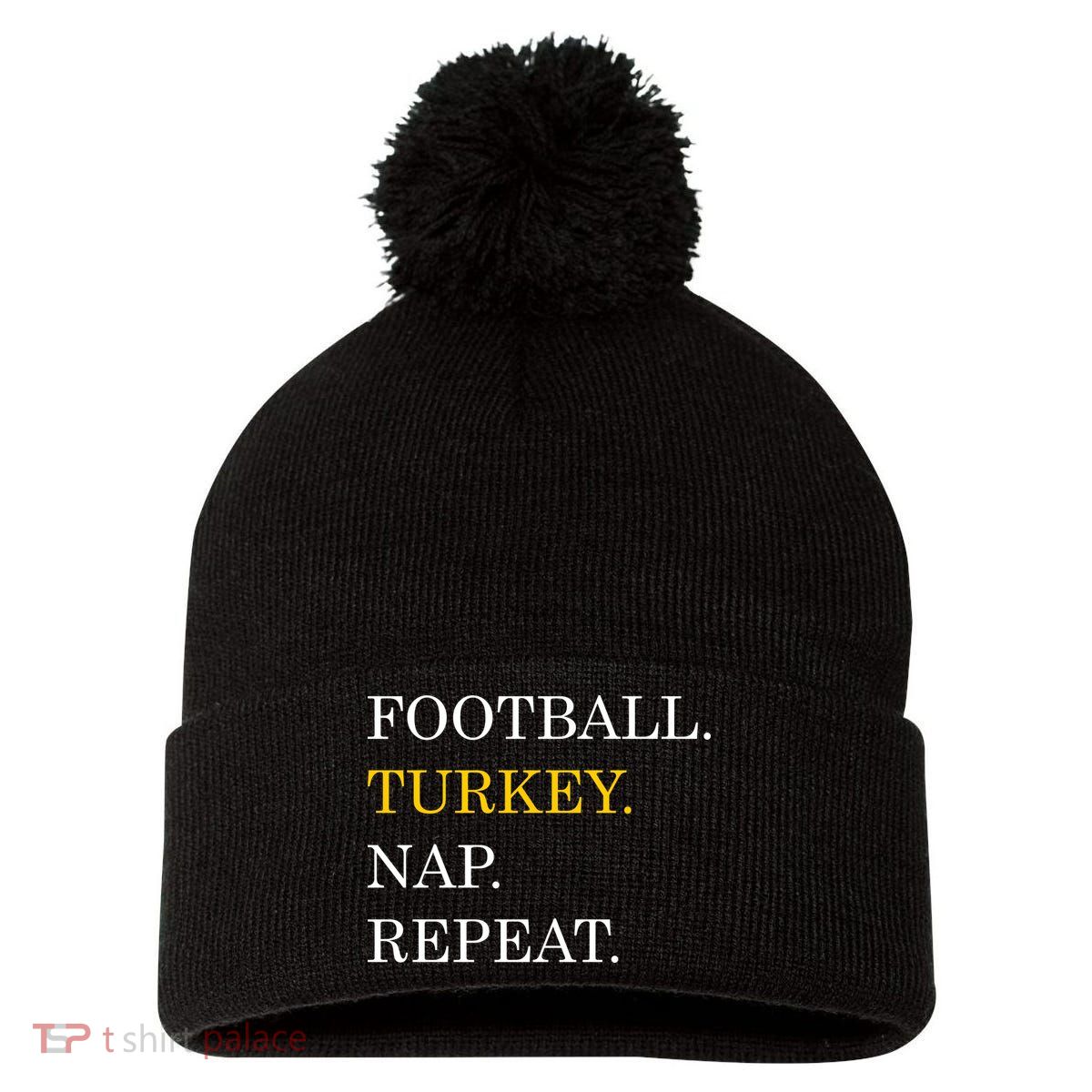Football Turkey Nap Repeat Thanksgiving Pom Pom 12in Knit Beanie