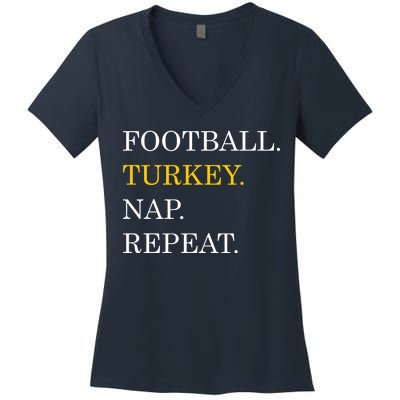 Football Turkey Nap Repeat Thanksgiving Women's V-Neck T-Shirt