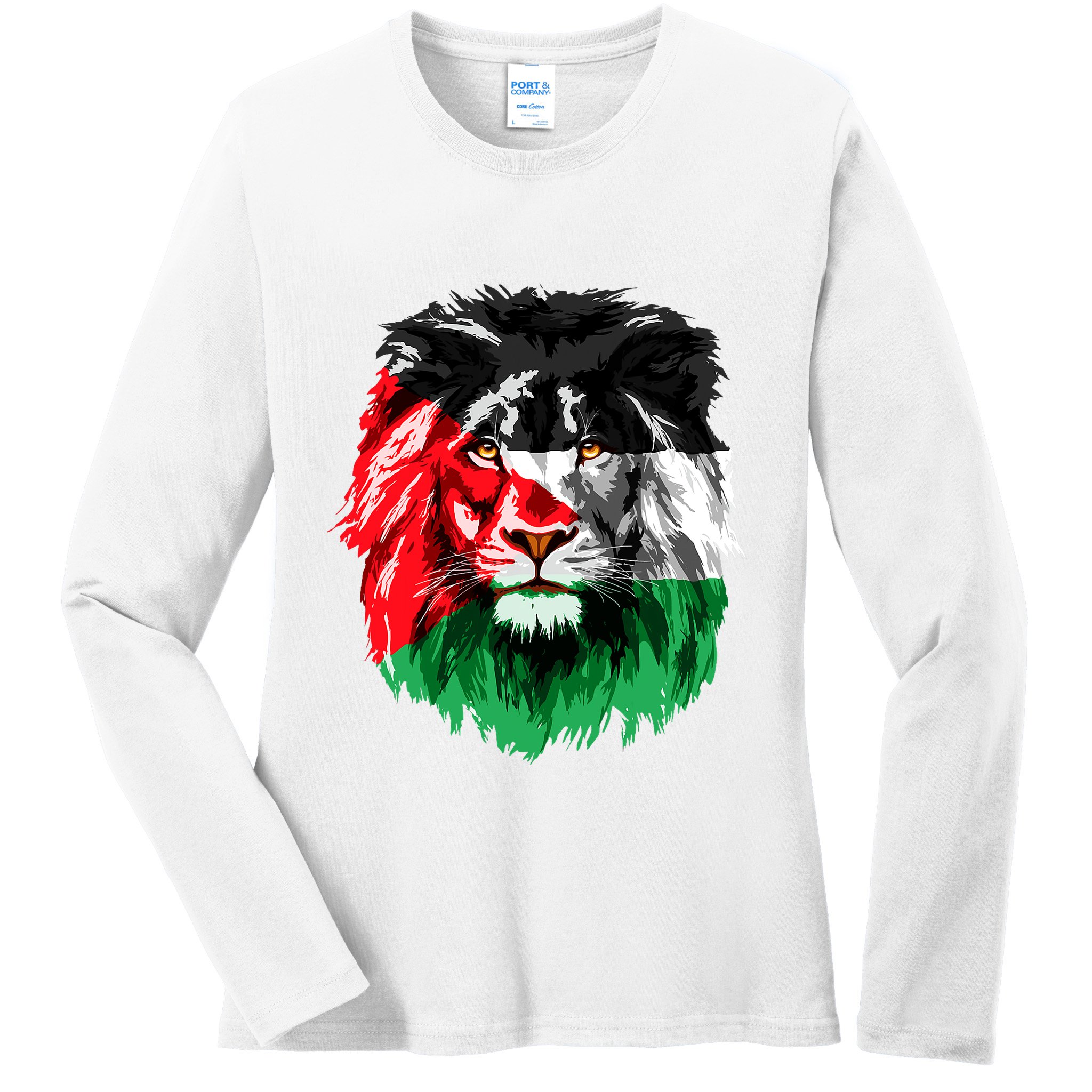 Flag Of Palestine Lion Face Palestine Flag Ladies Long Sleeve Shirt