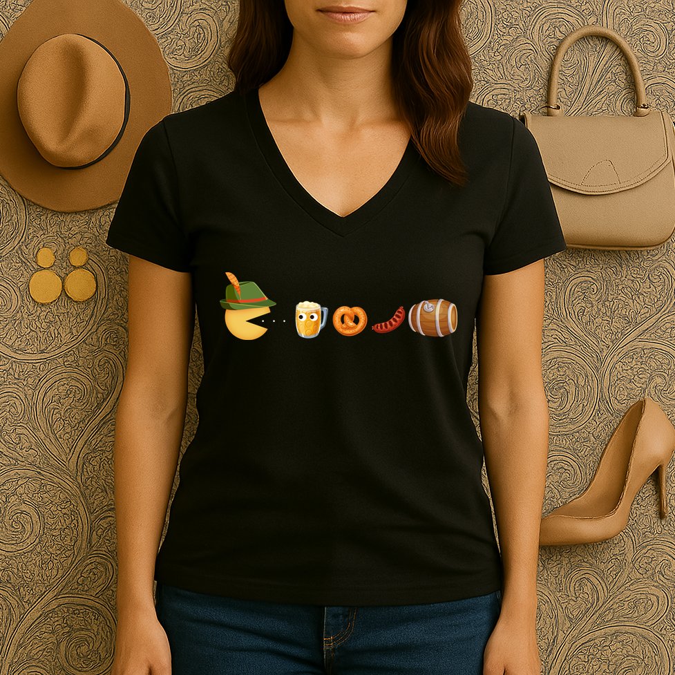 Funny Oktoberfest Pac Man Game Women's V-Neck T-Shirt