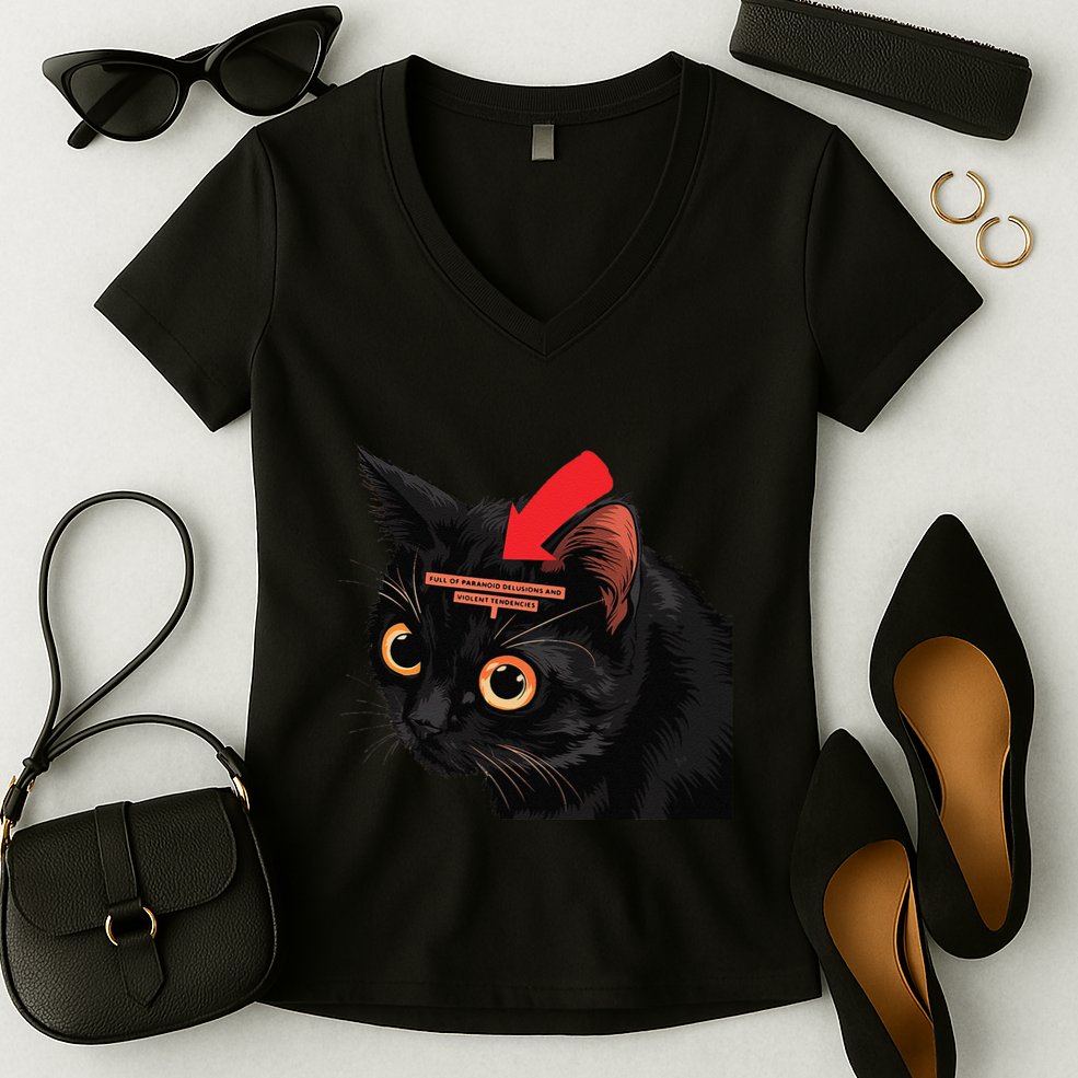Full Of Paranoid Delusions And Violent Funny Meme Cat Women's V-Neck T-Shirt