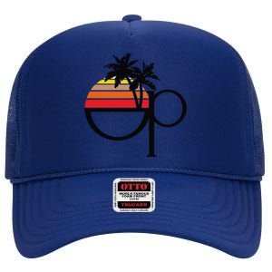 Funny Ocean Pacific 80s Retro Sunset Gift High Crown Mesh Back Trucker Hat