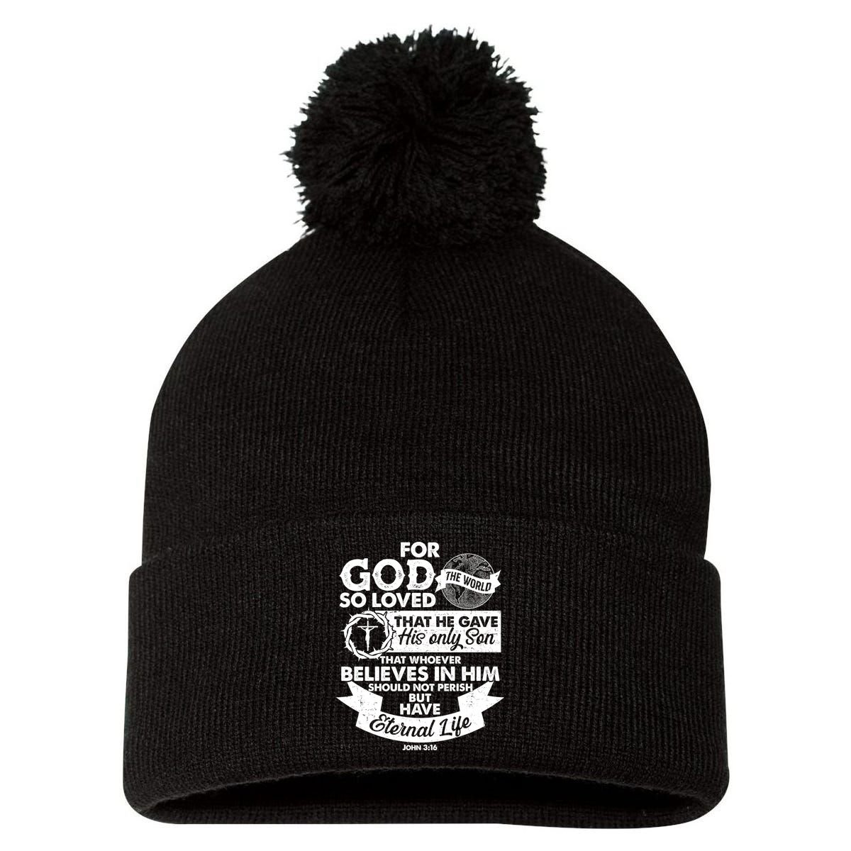For God So Loved the World John 3:16 Pom Pom 12in Knit Beanie