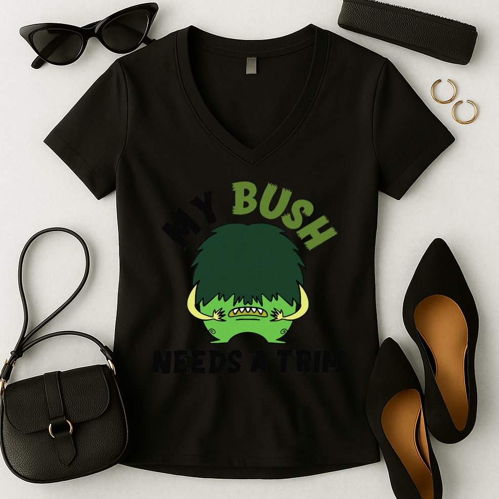 Funny Offensive Rude Novelty My Bush Needs A Trim Hairstyle Women's V-Neck T-Shirt