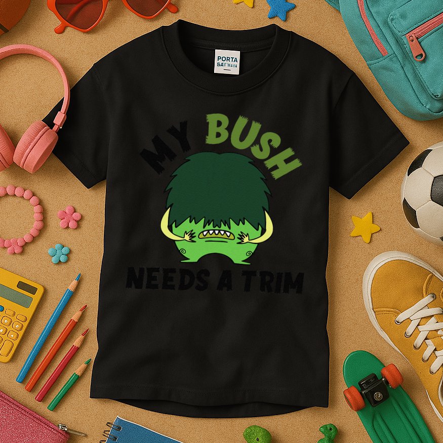 Funny Offensive Rude Novelty My Bush Needs A Trim Hairstyle Kids T-Shirt