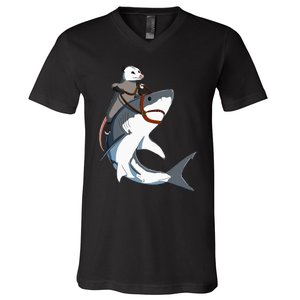 Funny Opossum Riding Shark V-Neck T-Shirt