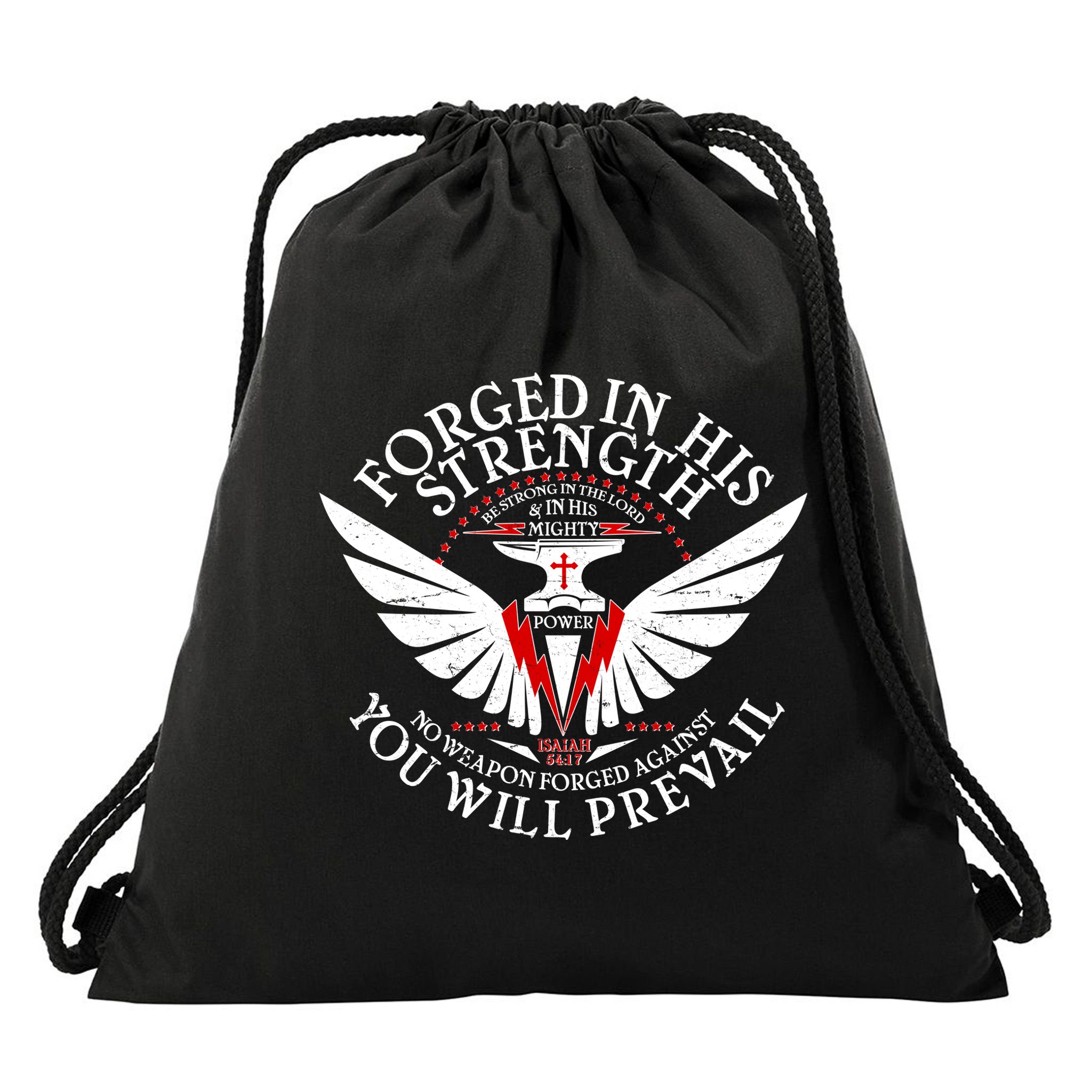 Forged In His Strength Drawstring Bag