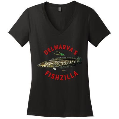 Fun Outdoors Snakehead Fishzilla Fishing Women's V-Neck T-Shirt