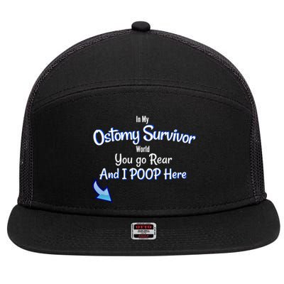 Funny Ostomy Survivor I Poop Here Stoma Bag Colon Cancer Gift 7 Panel Mesh Trucker Snapback Hat