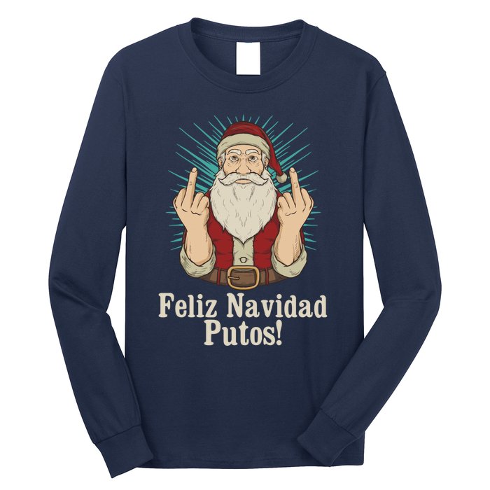 Flip Off Santa Claus Christmas Middle Finger Feliz Navidad Long Sleeve Shirt