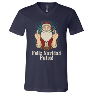 Flip Off Santa Claus Christmas Middle Finger Feliz Navidad V-Neck T-Shirt