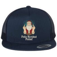 Flip Off Santa Claus Christmas Middle Finger Feliz Navidad Flat Bill Trucker Hat