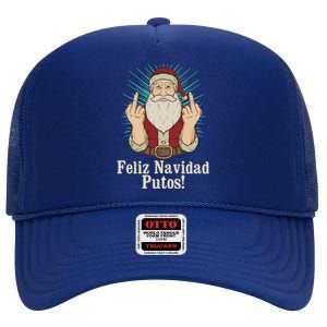 Flip Off Santa Claus Christmas Middle Finger Feliz Navidad High Crown Mesh Back Trucker Hat