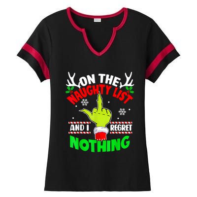 Funny On The List Of Naughty And I Regret Nothing Christmas Ladies Halftime Notch Neck Tee