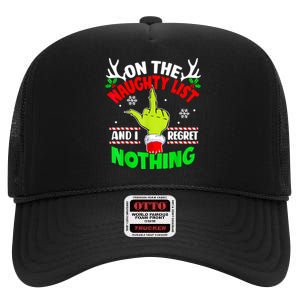 Funny On The List Of Naughty And I Regret Nothing Christmas High Crown Mesh Back Trucker Hat