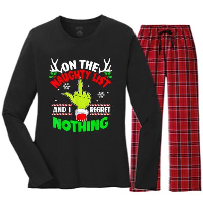 Funny On The List Of Naughty And I Regret Nothing Christmas Women's Long Sleeve Flannel Pajama Set 