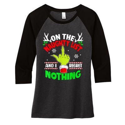 Funny On The List Of Naughty And I Regret Nothing Christmas Women's Tri-Blend 3/4-Sleeve Raglan Shirt