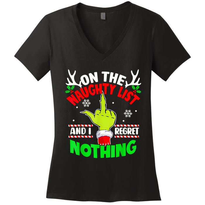 Funny On The List Of Naughty And I Regret Nothing Christmas Women's V-Neck T-Shirt