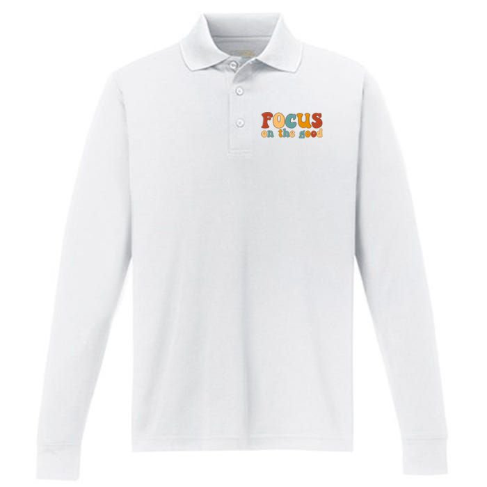 Focus On The Good Retro Quote Performance Long Sleeve Polo