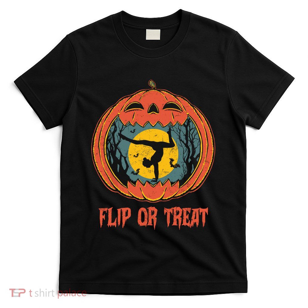 Flip Or Treat Gymnastics Halloween Costume Pumpkin Grunge T-Shirt