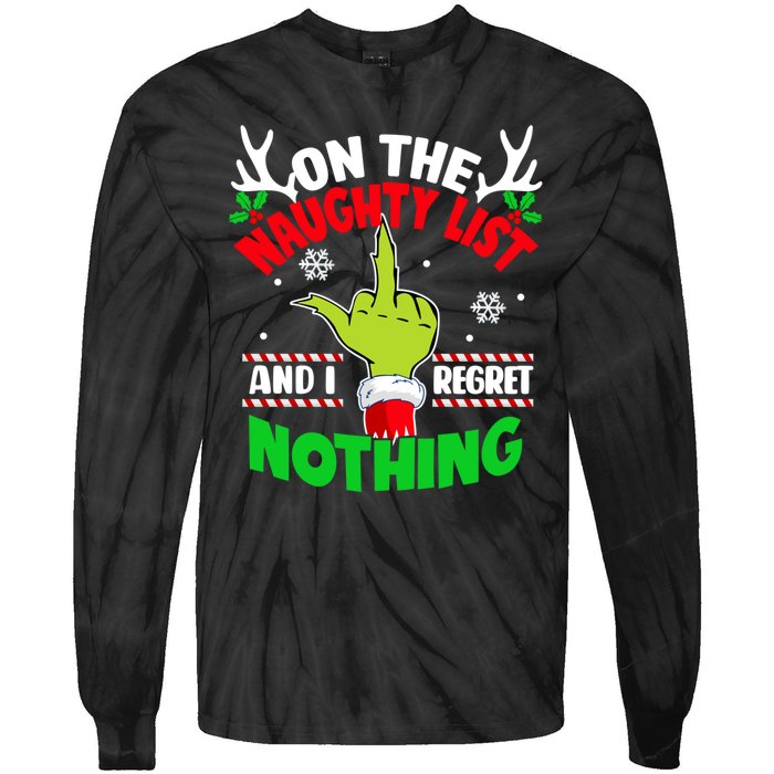 Funny On The List Of Naughty And I Regret Nothing Christmas Tie-Dye Long Sleeve Shirt