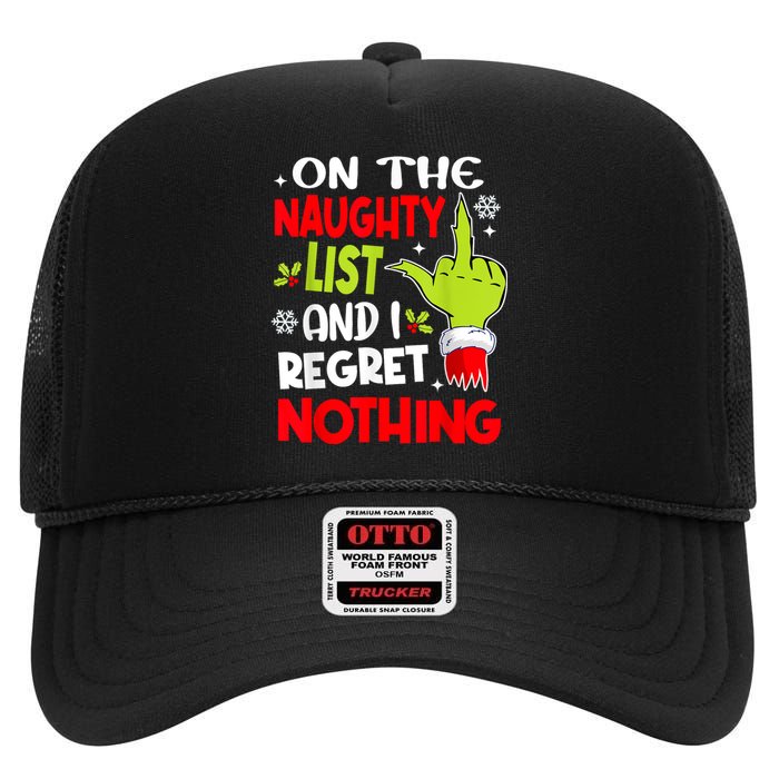 Funny On The List Of Naughty And I Regret Nothing Christmas High Crown Mesh Back Trucker Hat