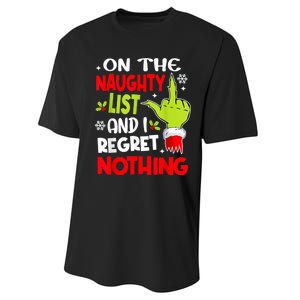 Funny On The List Of Naughty And I Regret Nothing Christmas Performance Sprint T-Shirt