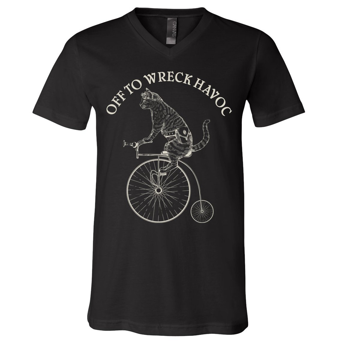 Funny Old Timey Vintage Cat Off To Wreck Havoc V-Neck T-Shirt