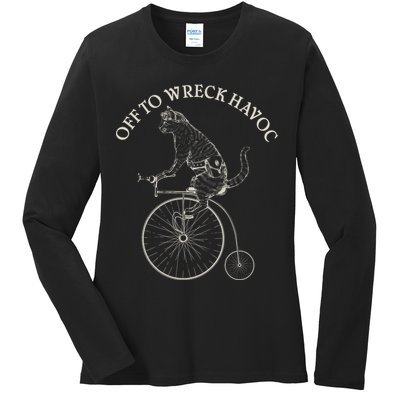 Funny Old Timey Vintage Cat Off To Wreck Havoc Ladies Long Sleeve Shirt
