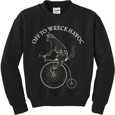 Funny Old Timey Vintage Cat Off To Wreck Havoc Kids Sweatshirt