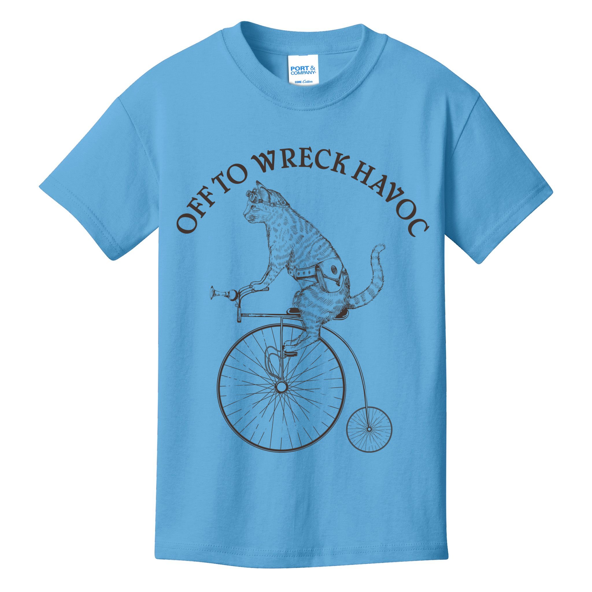 Funny Old Timey Vintage Cat Off To Wreck Havoc Kids T-Shirt