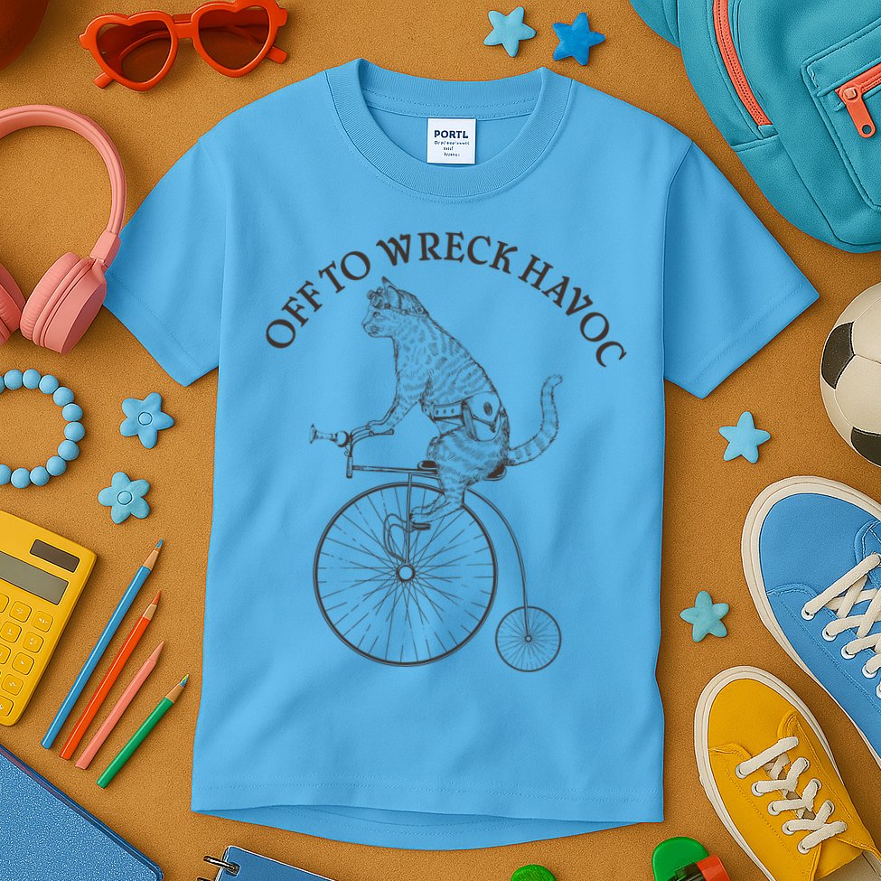 Funny Old Timey Vintage Cat Off To Wreck Havoc Kids T-Shirt