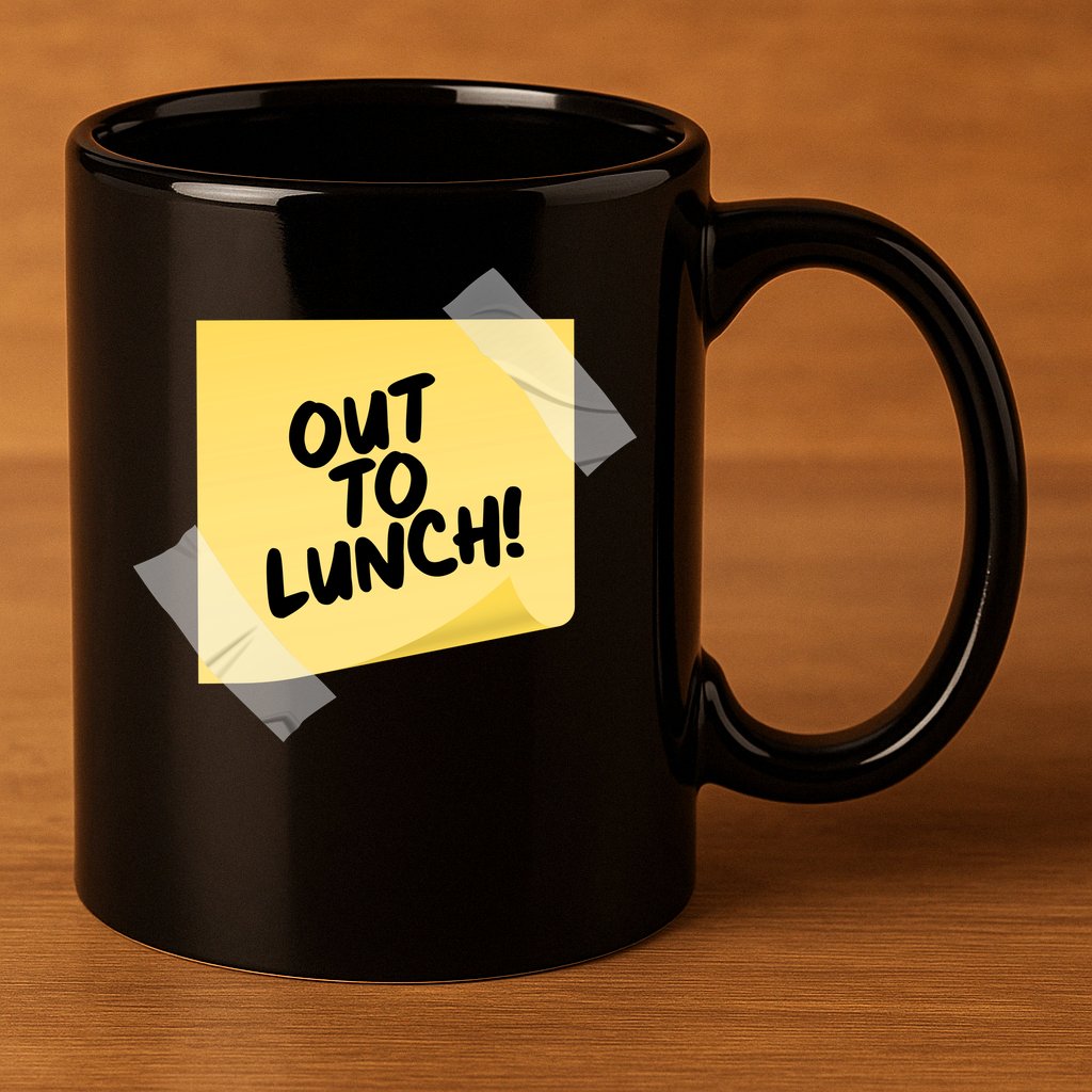 Funny Out To Lunch Taped Note 11oz C Handle Ceramic Mug